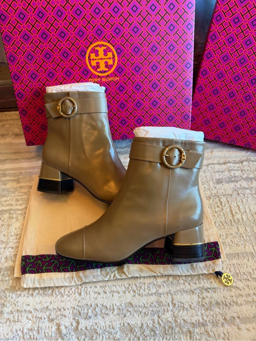 Tory Burch Multi Logo Heel Ankle Boots with Gold Tone Buckle